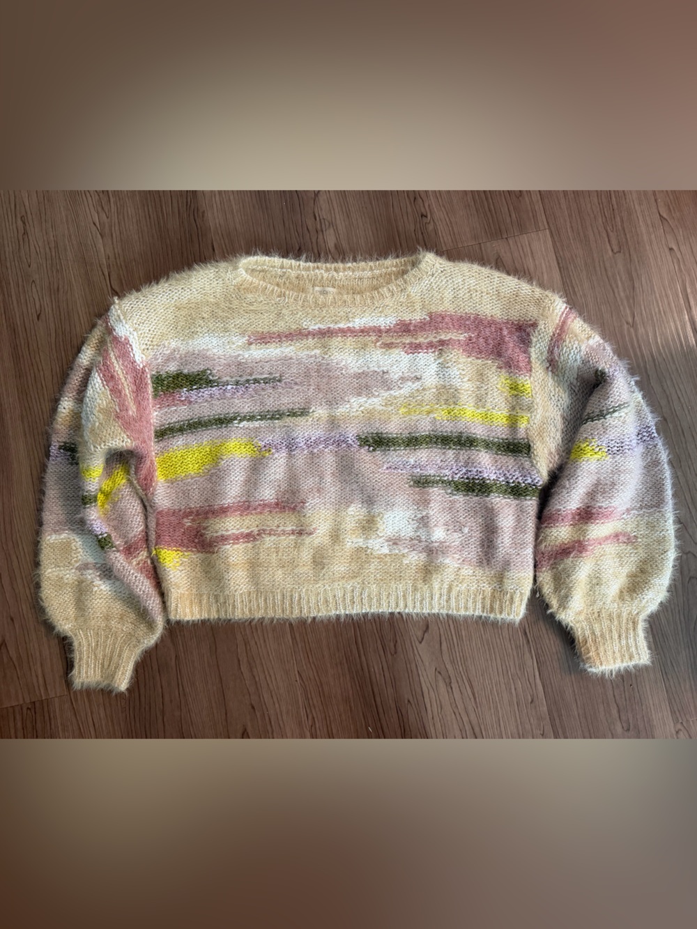 Pilcro (Anthropologie) Cream Cozy Sweater with Pink, Yellow & Olive Green SMALL